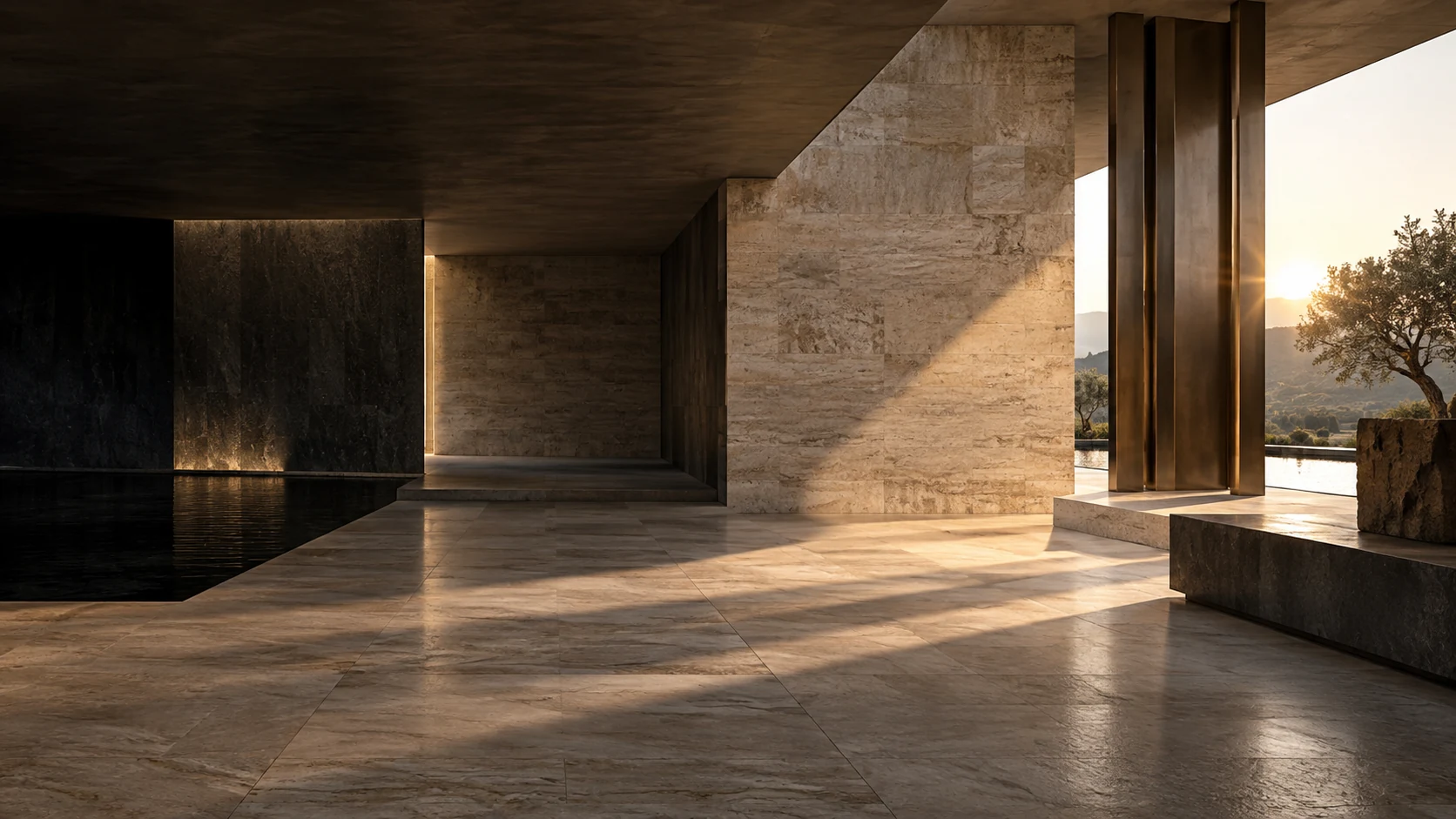 Stone surfaces and bronze architectural details in a contemporary building